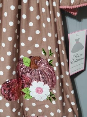 NWT Rare Editions Brown Long Sleeve Dot Dress Pink Sequin Pumpkin Appliqué Sz 14